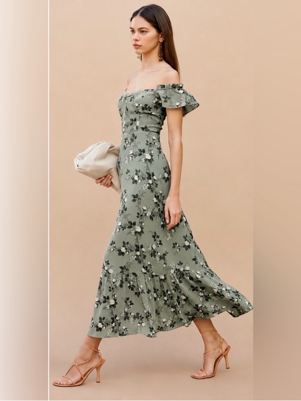 Off-Shoulder Sage Green Floral Midi Dress